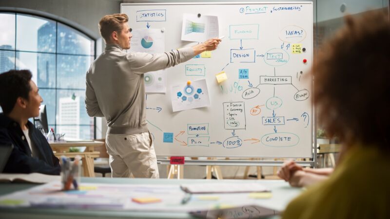 Man geef uitleg bij een whiteboard en verwijst naar post-its